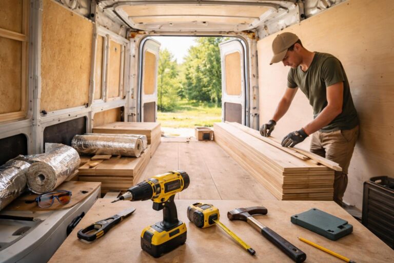 A person building the interior of a camper van with wooden panels and tools inside the van parked outdoors.