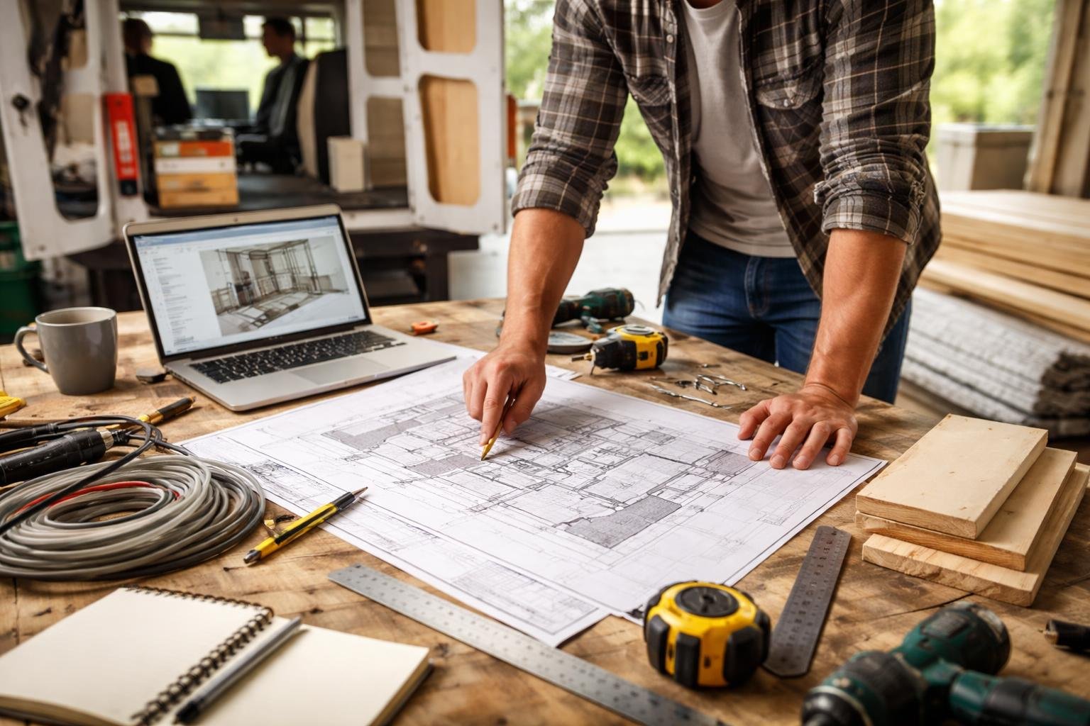 Person planning a camper van build with blueprints and tools on a table next to a partially converted van in a workshop.