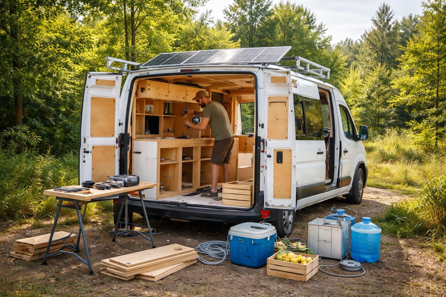 A person working on a partially built camper van outdoors surrounded by tools, solar panels on the roof, water containers, and green trees in the background.