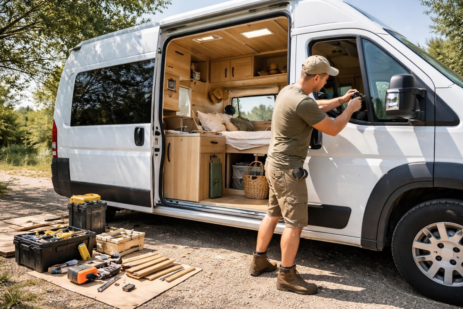 Person making final adjustments to a partially completed camper van outdoors, with the van door open showing a cozy interior and tools nearby.