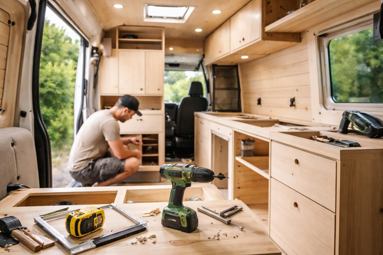 Person working inside a partially built camper van with tools and wooden panels around.