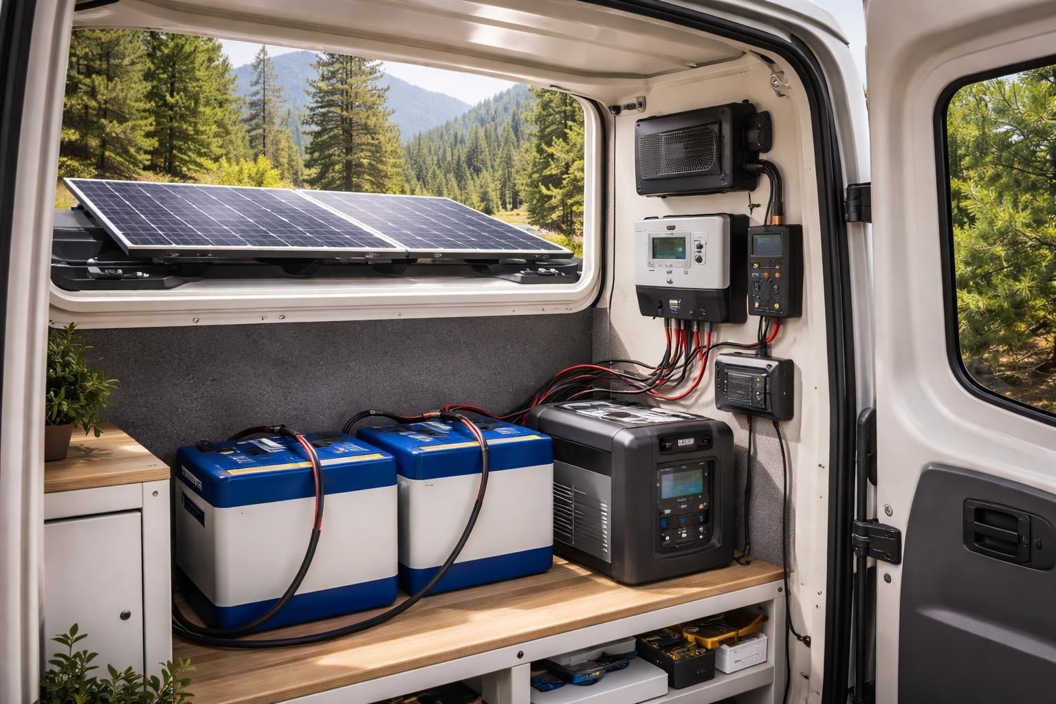 Interior of a van with solar panels on the roof and battery storage units inside, set in a natural outdoor environment.