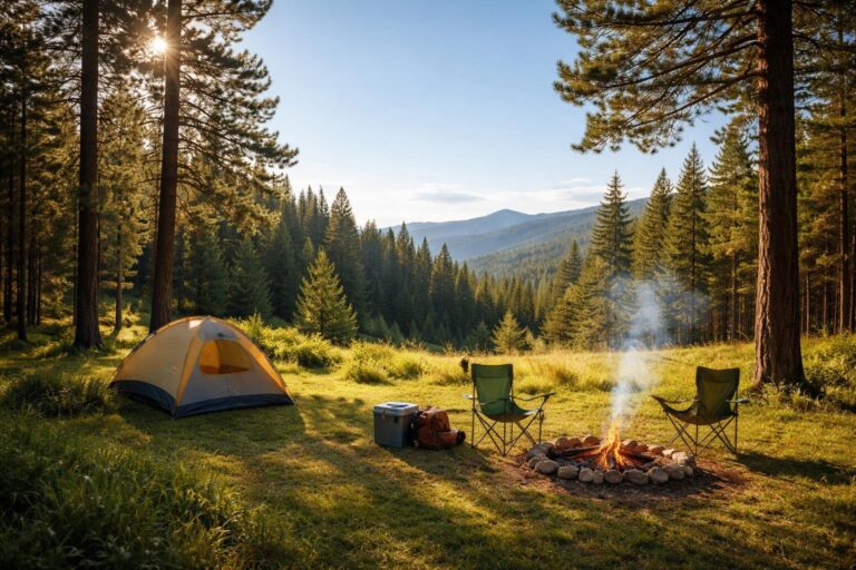 A small tent and campfire in a green forest clearing with mountains in the background.