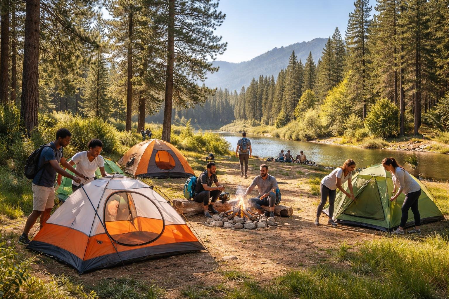 Campers setting up tents and preparing a campfire in a forest clearing near a river under a clear blue sky.