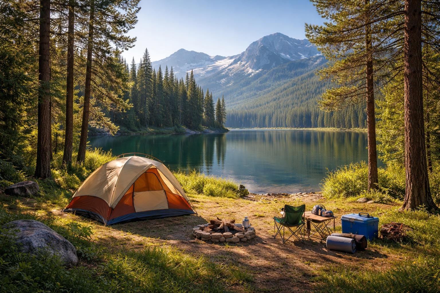 A peaceful forest clearing with a tent near a calm lake surrounded by trees and mountains.