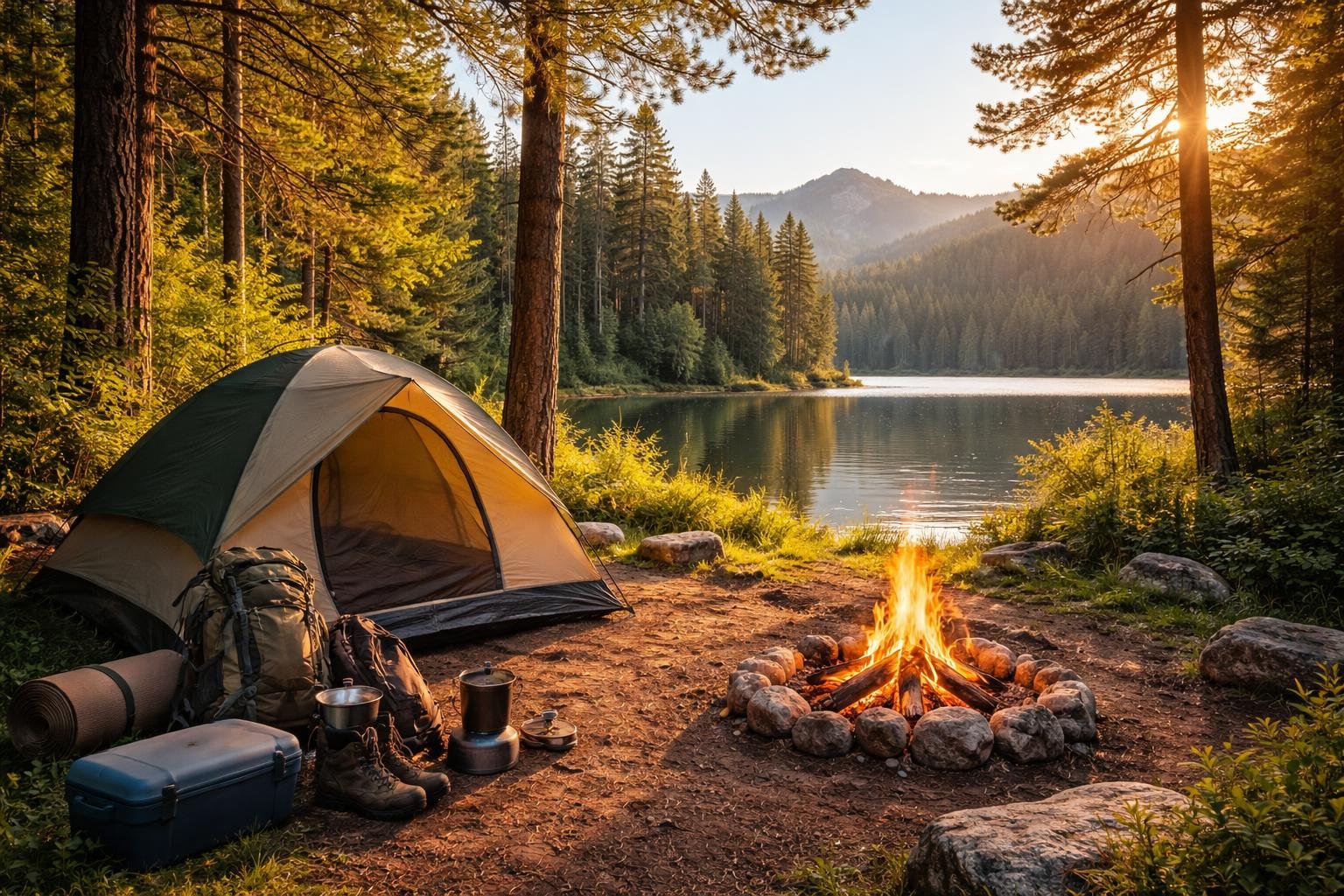A tent pitched near a calm lake in a forest clearing with a small campfire burning and mountains in the background.