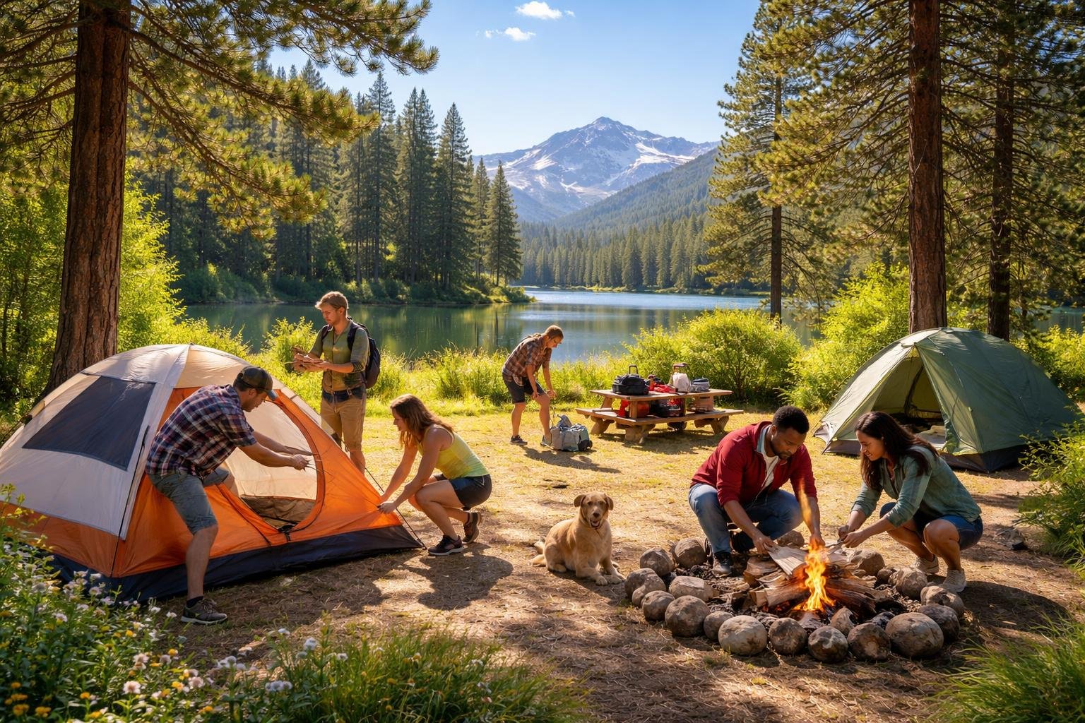 A group of people setting up tents and preparing a campfire in a forest clearing near a lake with mountains in the background.