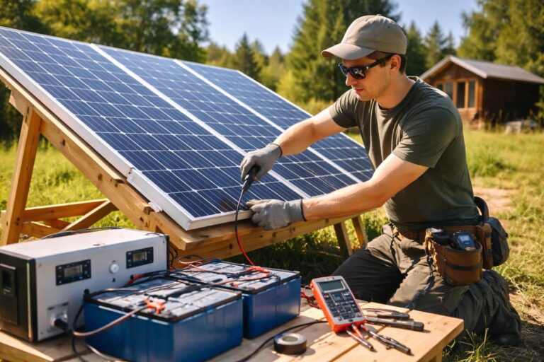 A person installing solar panels outdoors next to a small cabin with solar equipment and tools nearby.