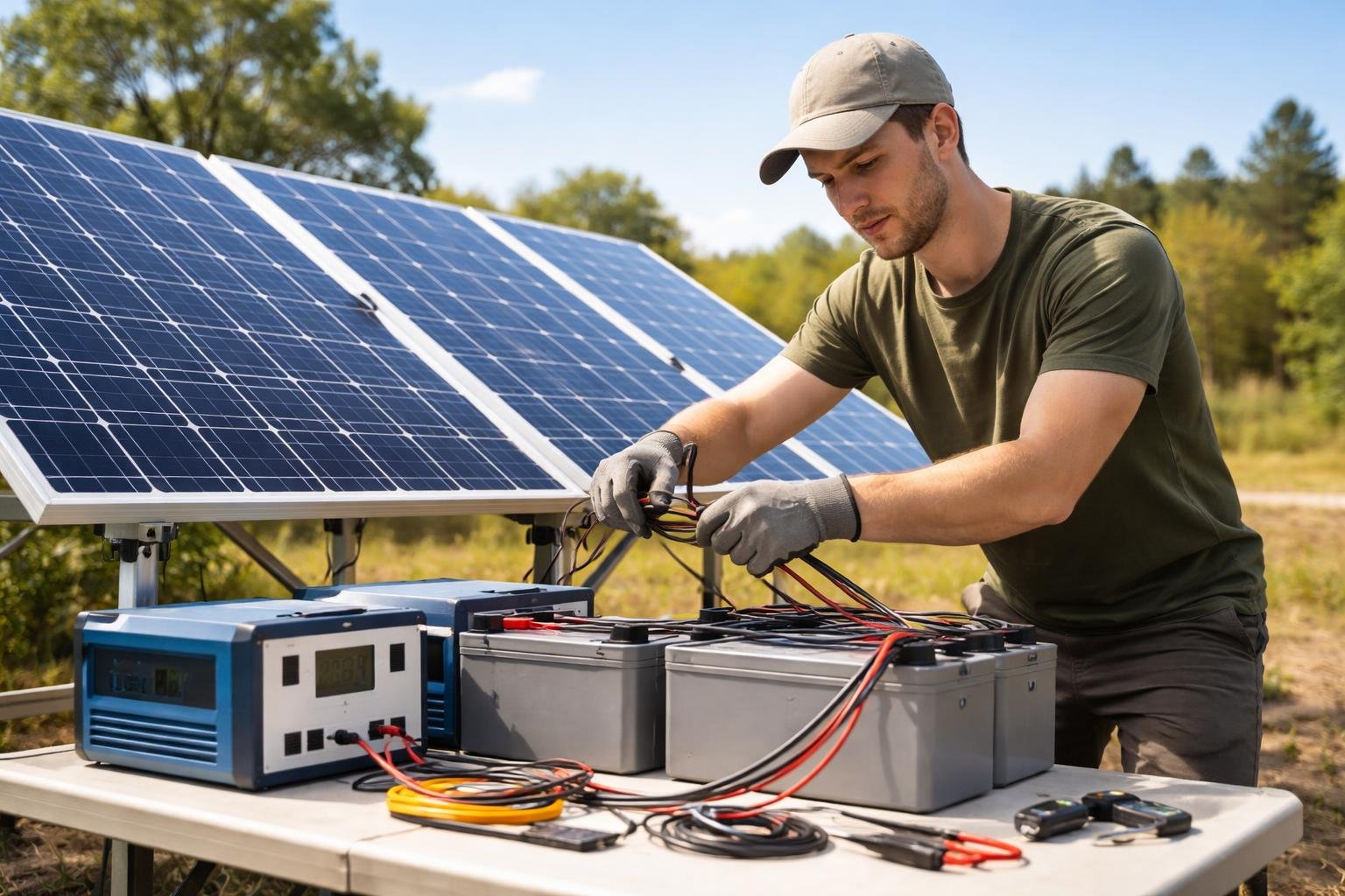 A person setting up solar panels and equipment outdoors in a rural area with trees and clear sky.