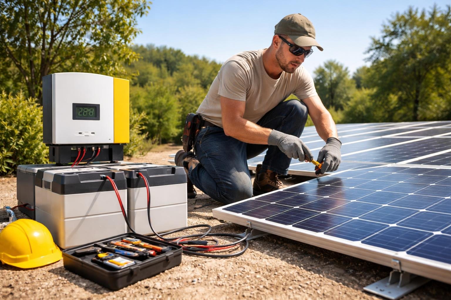 Person installing solar panels outdoors with solar equipment and tools in a sunny, natural setting.
