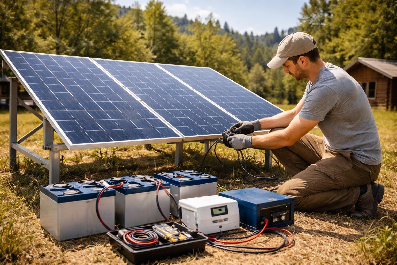 A person installing solar panels outdoors near a small cabin with batteries and wiring equipment on the ground.