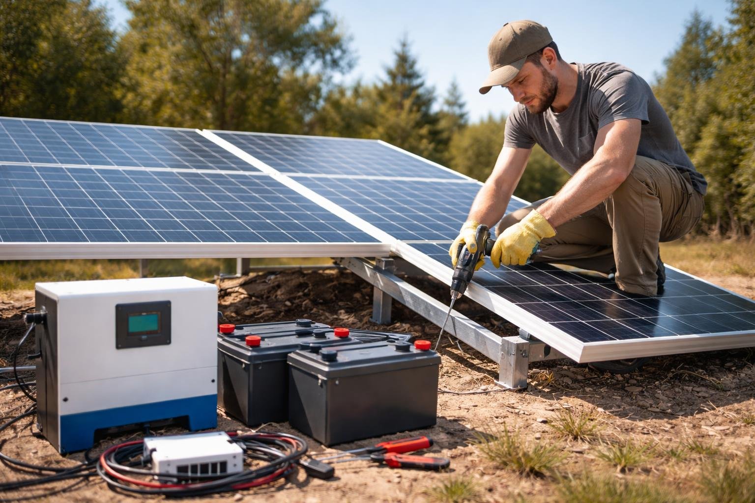 Person installing solar panels outdoors in a natural off-grid location with solar equipment nearby.