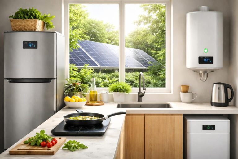A modern off-grid kitchen with solar-powered refrigerator, induction cooktop, and water heater, sunlight coming through a window showing solar panels outside.