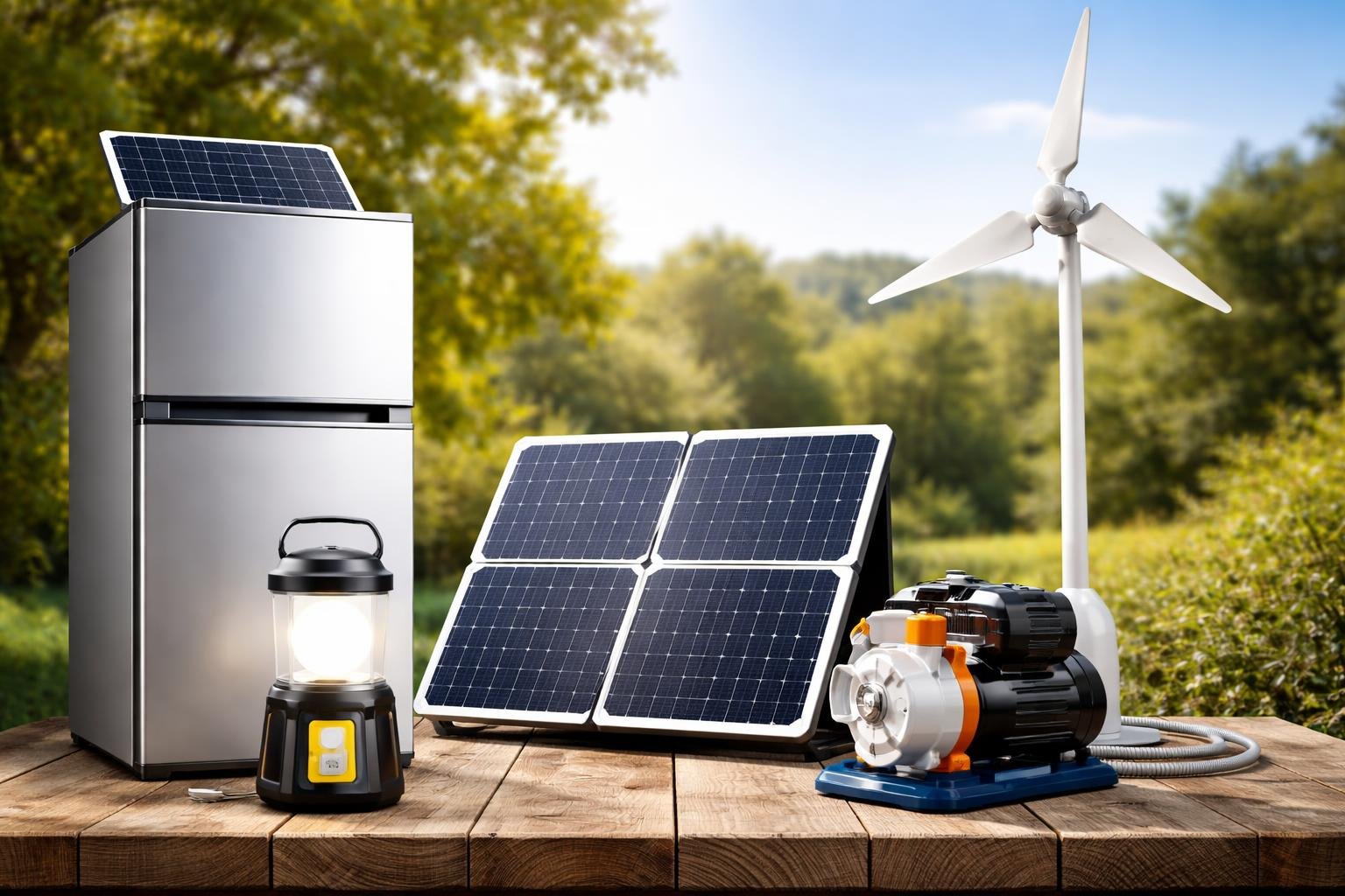 A collection of off-grid power-saving appliances including a solar refrigerator, LED lantern, wind turbine generator, solar panel, and water pump displayed outdoors on a wooden table.
