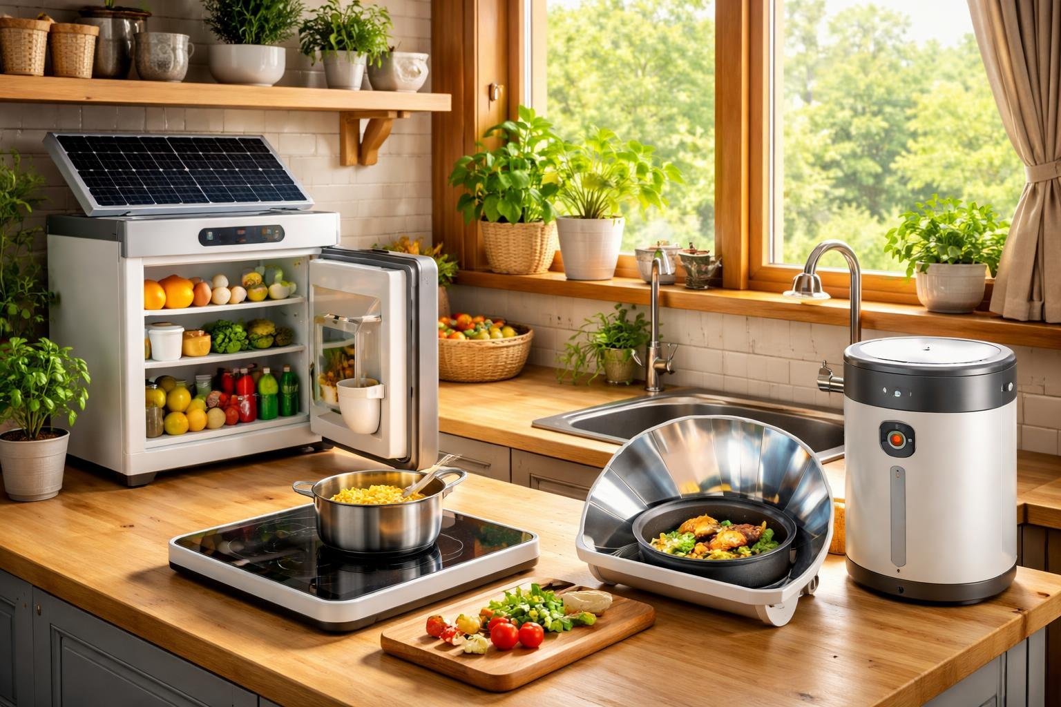 A cozy kitchen with solar-powered and energy-efficient appliances in a rustic off-grid cabin setting.