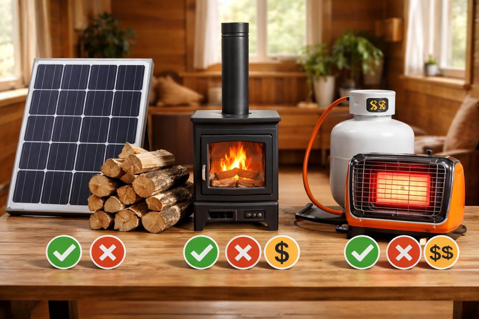 A wooden table displaying a wood-burning stove, solar panel, firewood, and a propane heater inside a cozy cabin.
