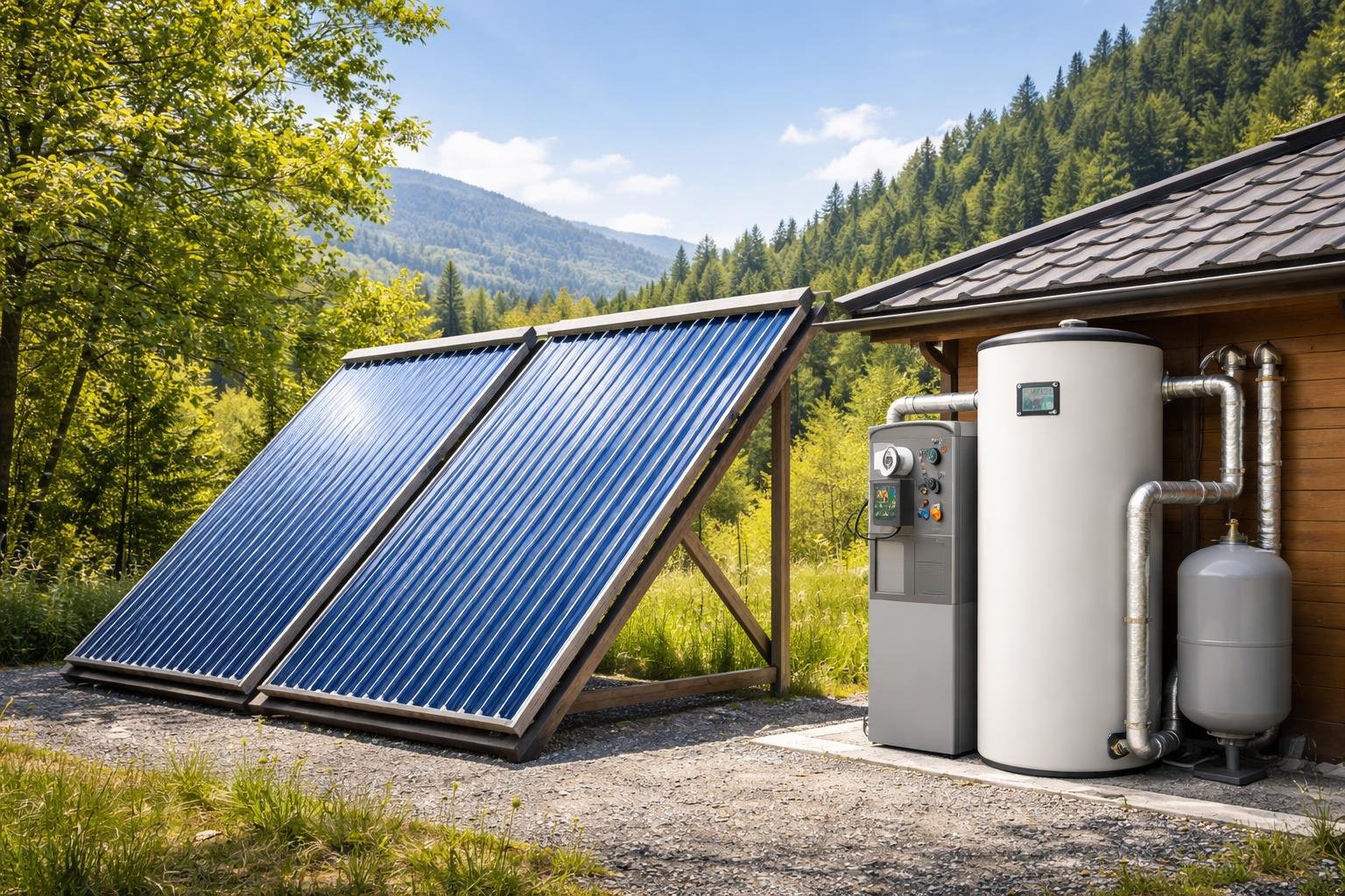 Solar thermal panels and a heating system set up in a rural outdoor environment under a clear blue sky.