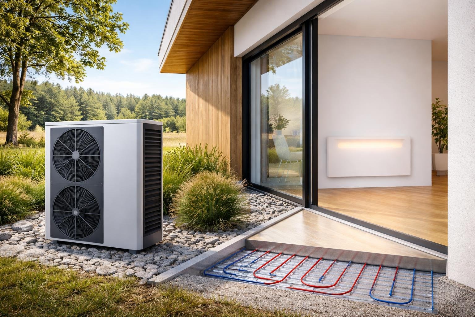 A modern heat pump outside a rural home with radiant floor heating pipes visible inside and an electric heating panel on the wall.