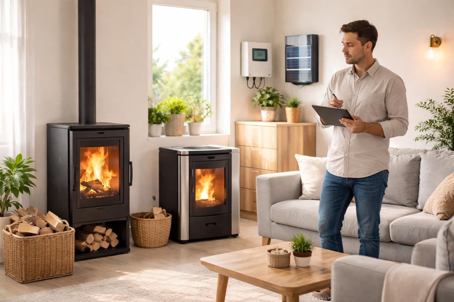 A person in a living room examining different off-grid heating options including a wood stove, pellet stove, and solar panel control unit.