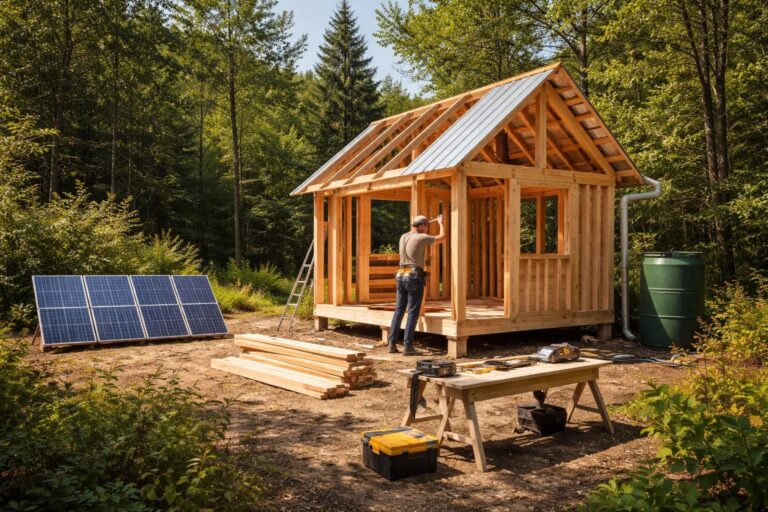 A small wooden cabin under construction in a forest with a person working and solar panels nearby.
