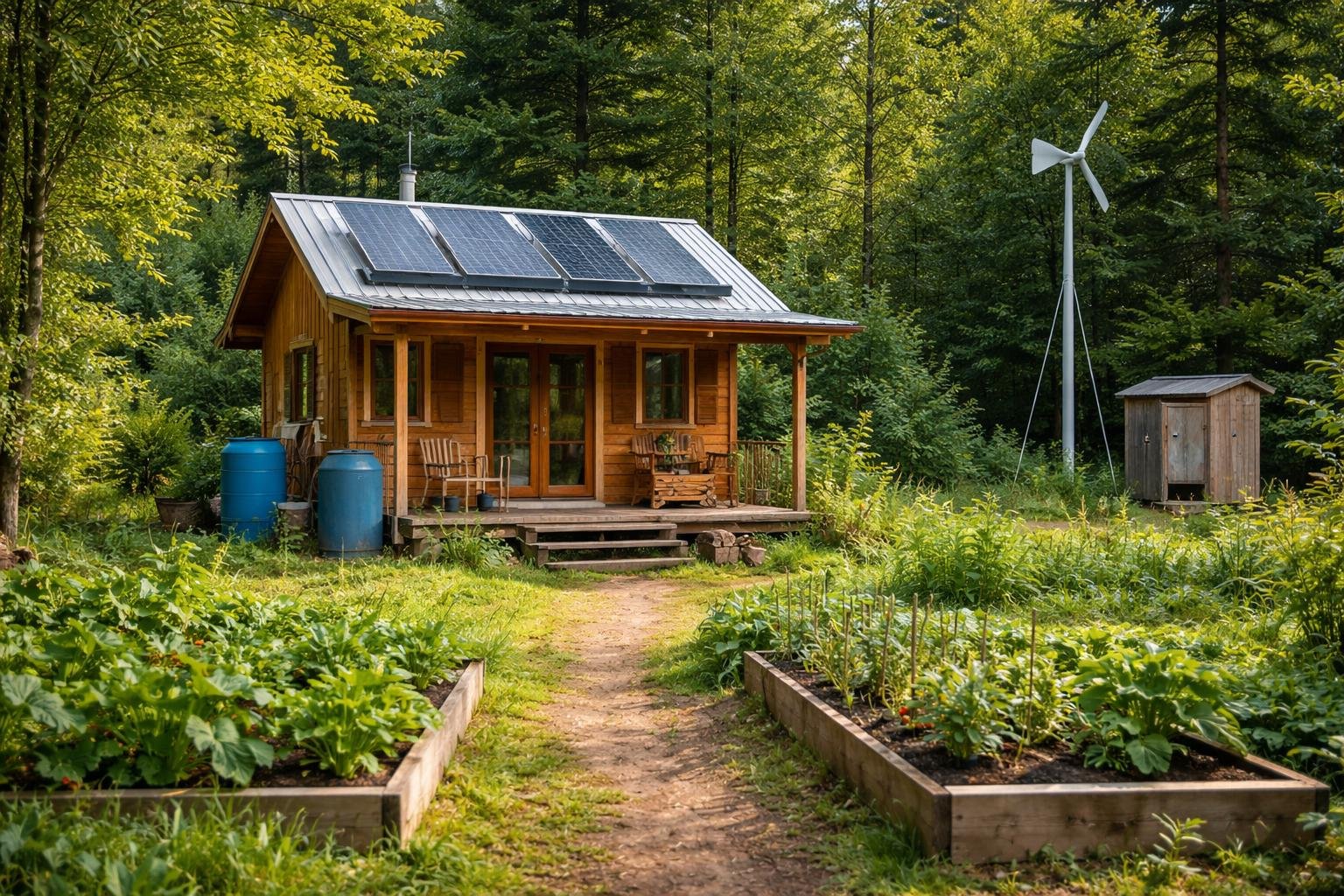 A small wooden off-grid cabin in a forest clearing with solar panels, a wind turbine, rainwater collection, and a vegetable garden nearby.
