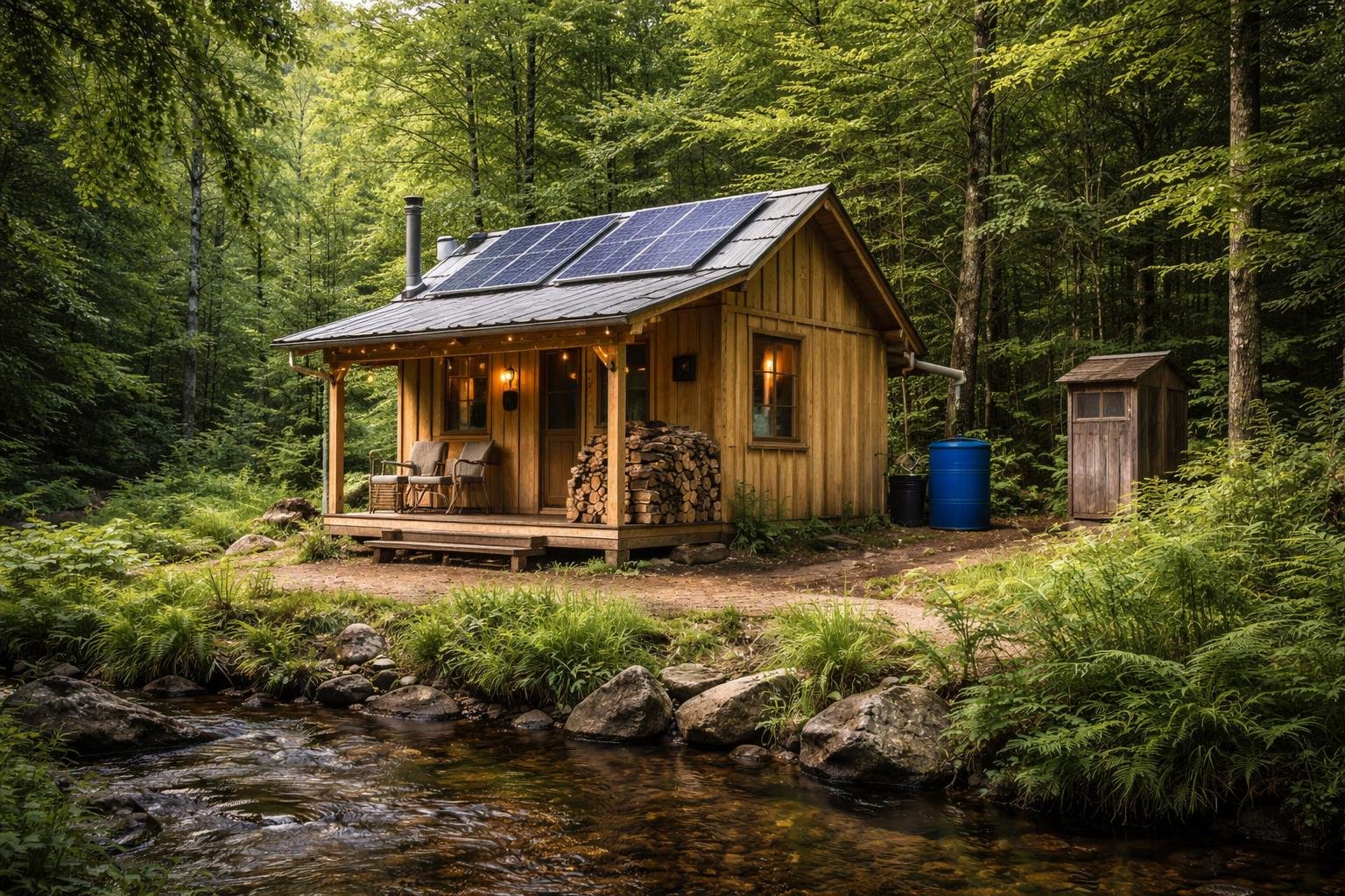 A small wooden off-grid cabin in a forest near a clear stream with solar panels and rainwater collection equipment.