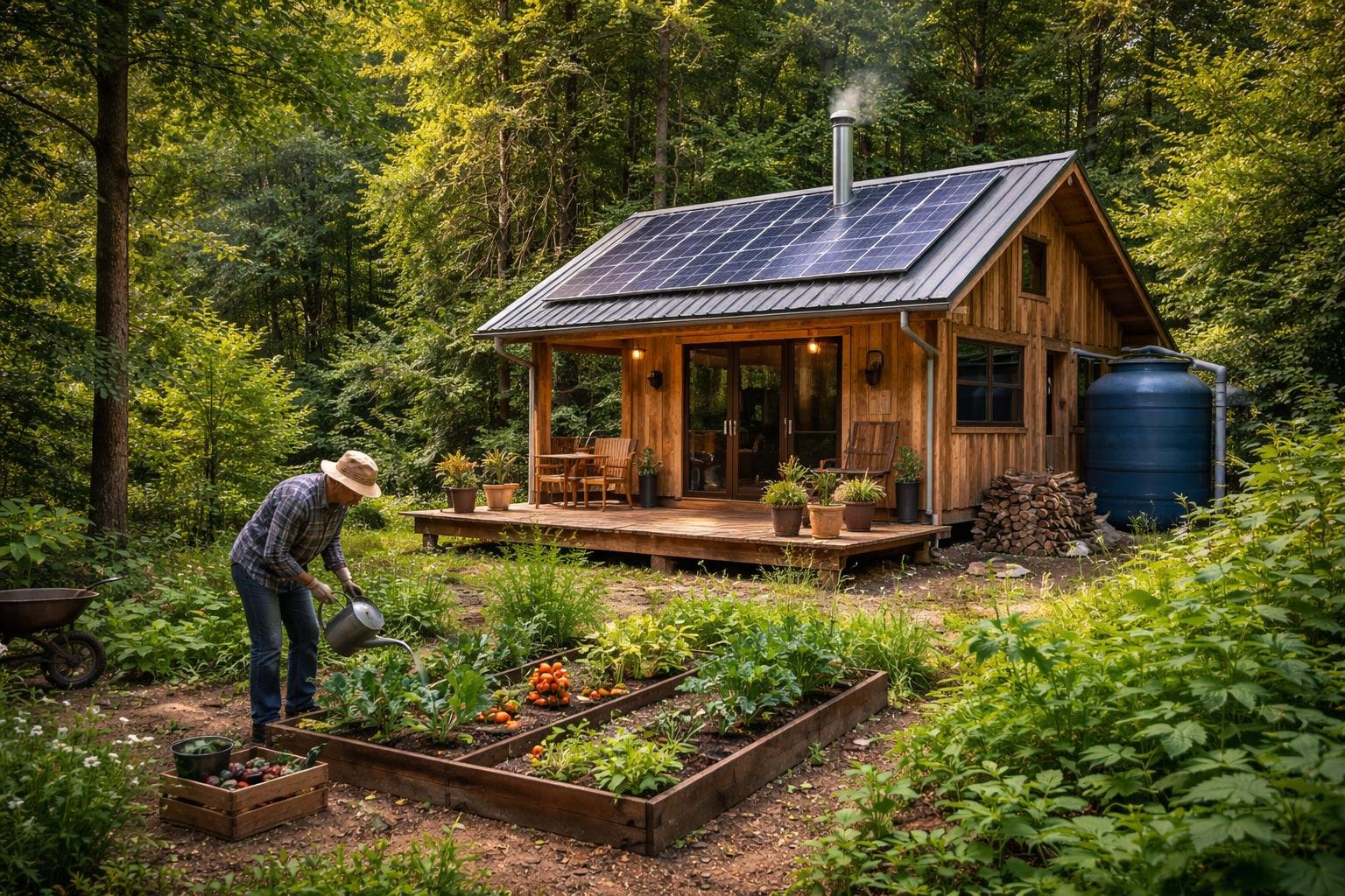 A small wooden off-grid cabin in a forest with solar panels, a vegetable garden, and a person working outside.