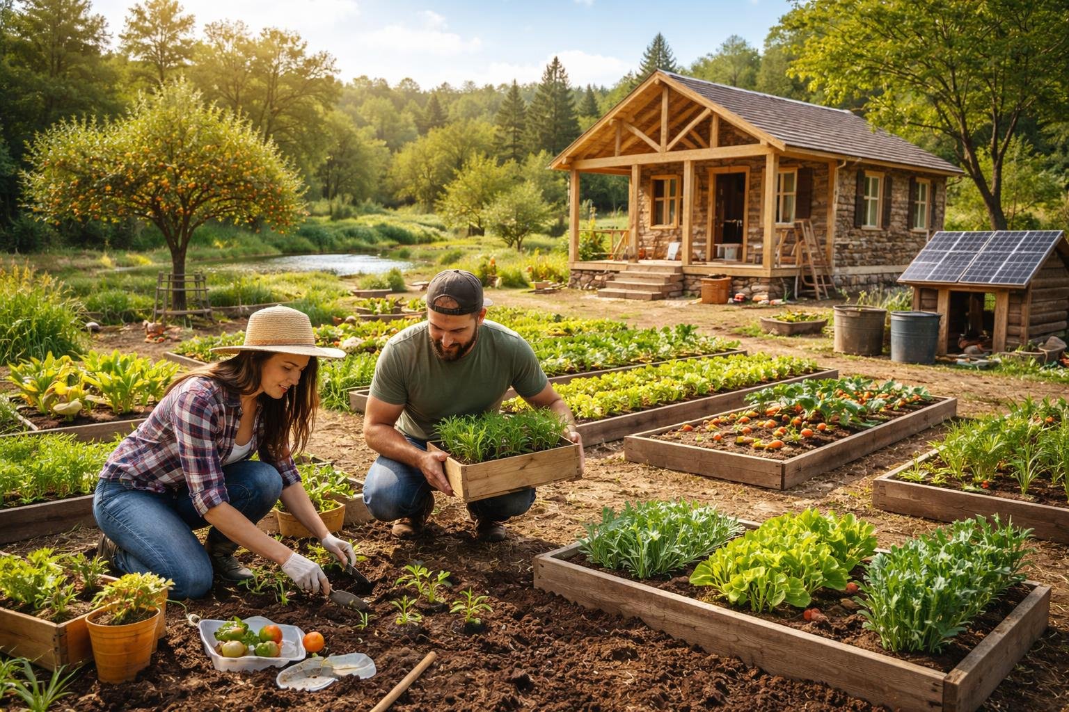 A young couple gardening near a wooden cabin under construction surrounded by vegetables, fruit trees, and solar panels in a rural setting.