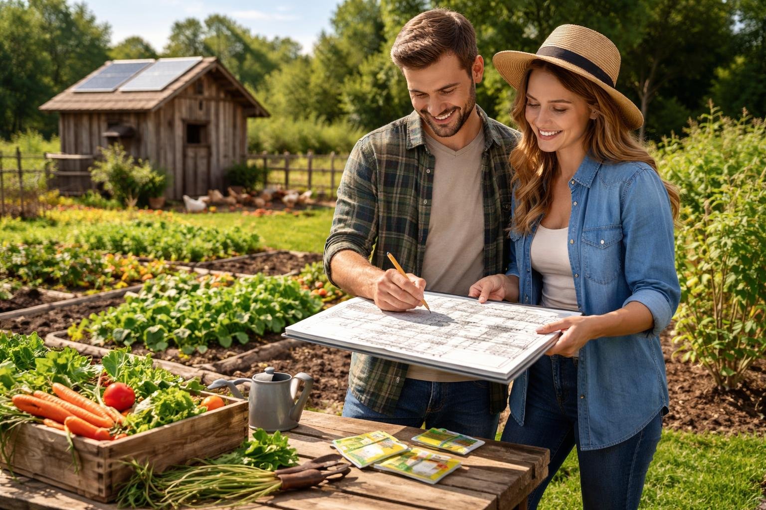 A young couple outdoors in a green field planning their self-sufficient homestead with garden plots, a wooden shed, chickens, and solar panels in the background.