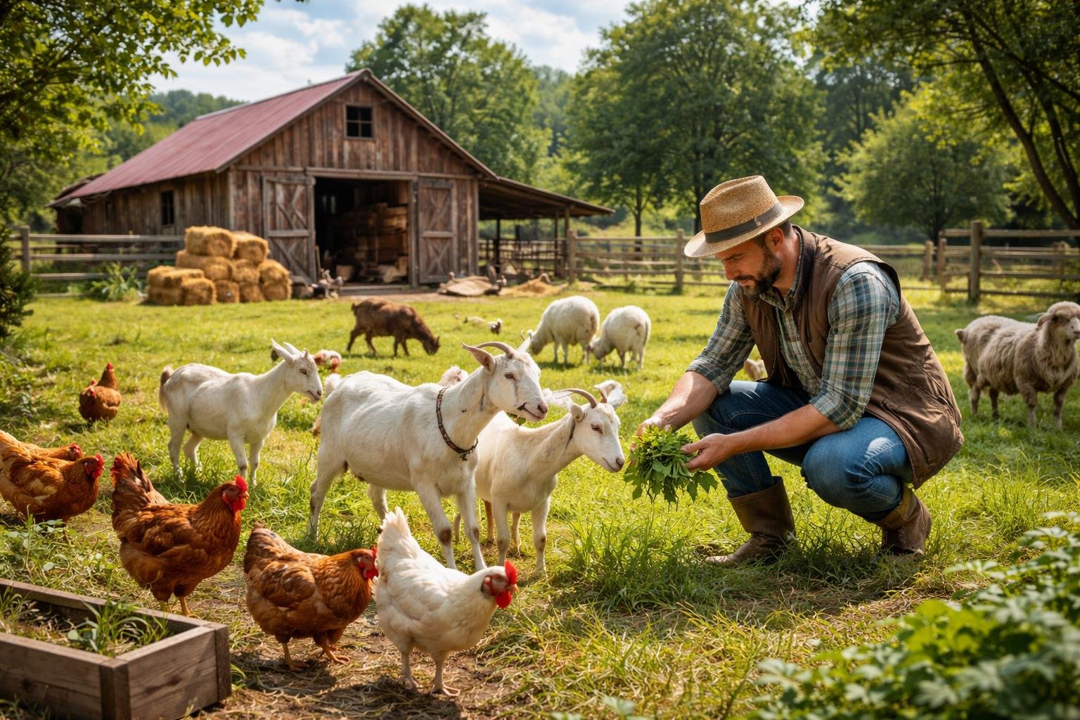 A farmer tending to chickens, goats, and sheep in a green pasture near a wooden barn on a sunny day.