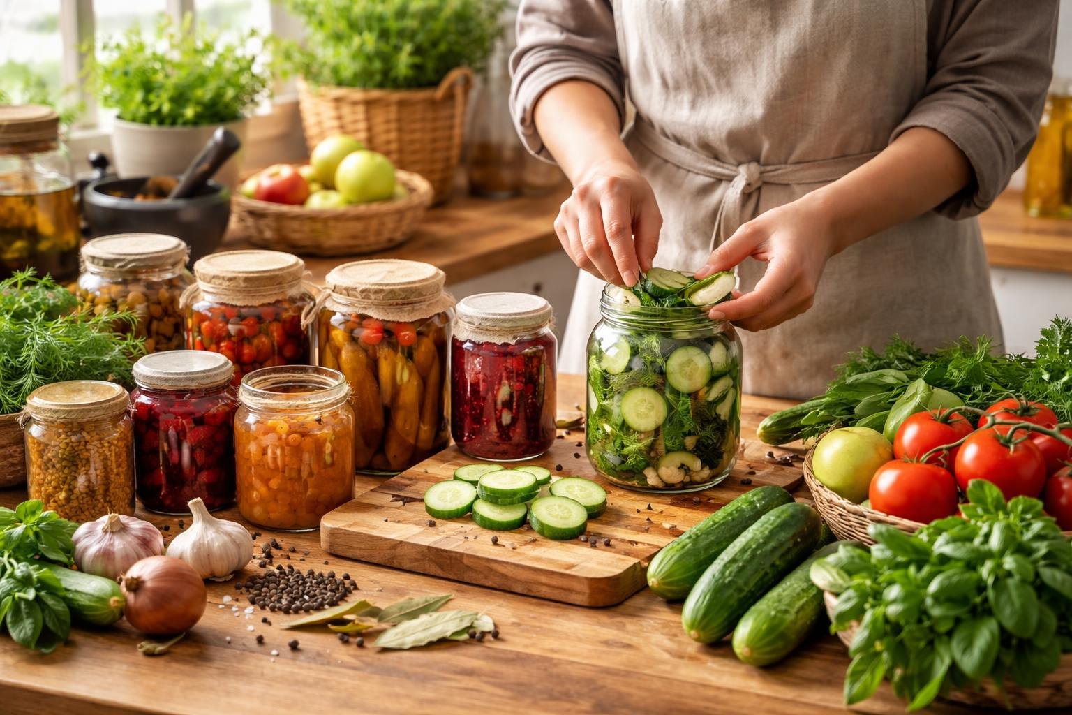 A rustic kitchen countertop with jars of preserved food, fresh vegetables, and hands preparing food in a warm, natural light setting.
