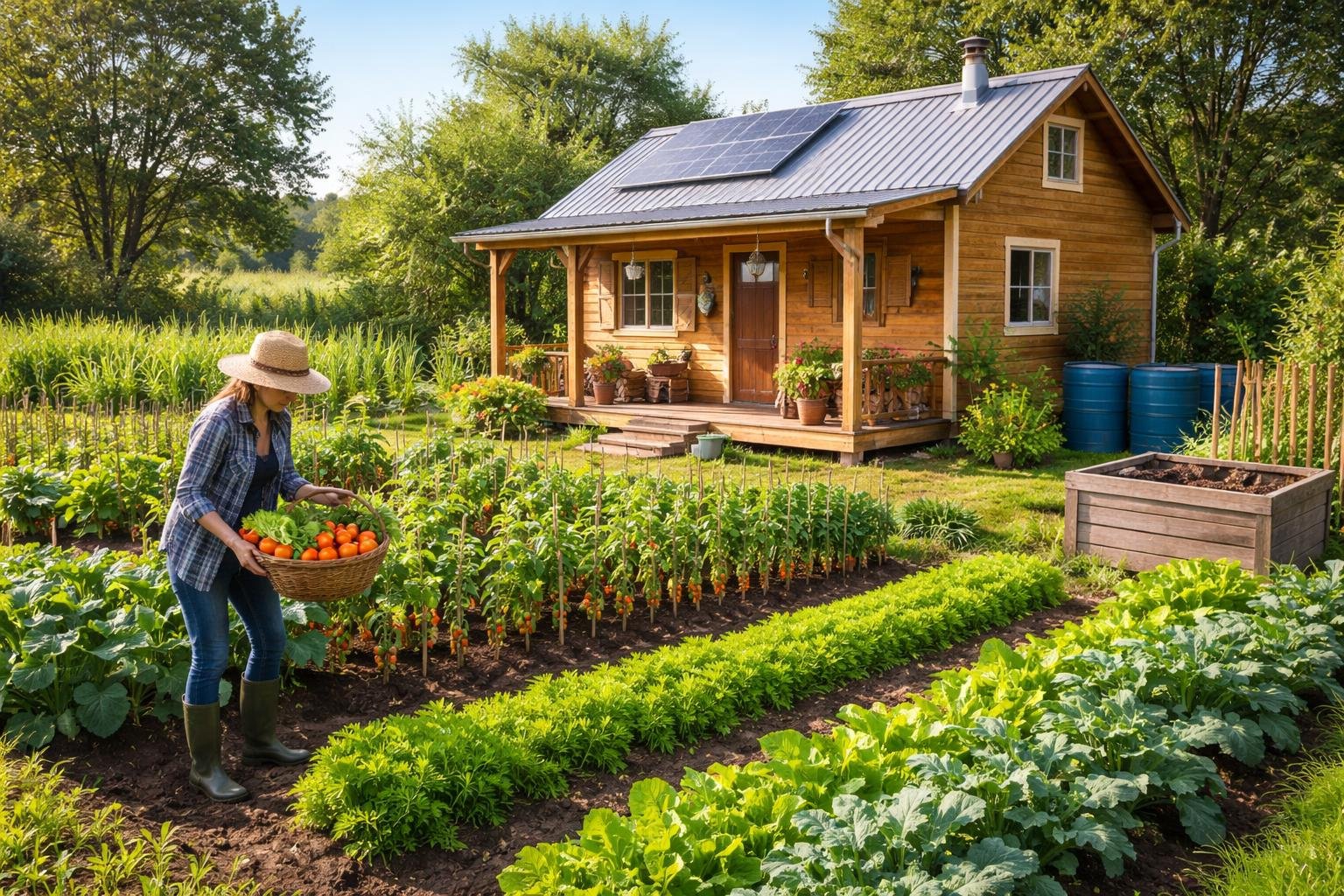 A person tending a vegetable garden next to a small wooden cabin surrounded by plants and sustainable gardening tools.